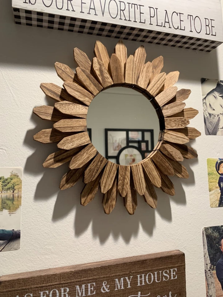 Honiway Wall Mirror Decorative 12 inch Rustic Wood Mirror Sunburst Boho Mirror for Entryway Bedroom Living Room Bathroom House Warming Gifts New Home Essential Carbonized Black 