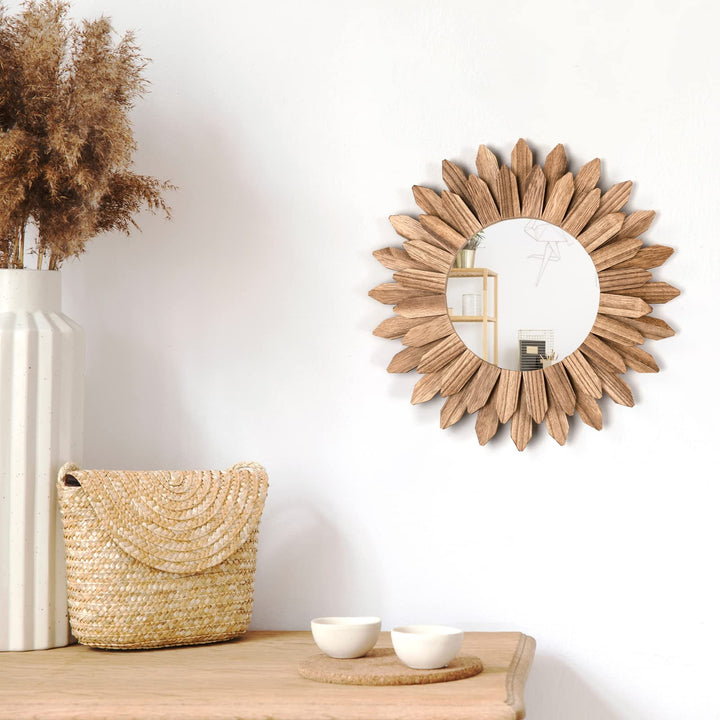 Honiway Wall Mirror Decorative 12 inch Rustic Wood Mirror Sunburst Boho Mirror for Entryway Bedroom Living Room Bathroom House Warming Gifts New Home Essential Carbonized Black 