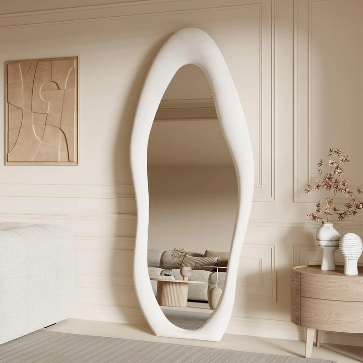 Honyee Full Length Mirror, 63" x 24" Wall Mirror, Irregular Wavy Full Body Mirror with Flannel Wrapped Wooden Frame, Hanging or Leaning Against Wall for Cloakroom, Bedroom, Living Room, Cream White