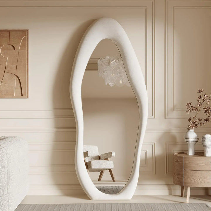 Honyee Full Length Mirror, 63" x 24" Wall Mirror, Irregular Wavy Full Body Mirror with Flannel Wrapped Wooden Frame, Hanging or Leaning Against Wall for Cloakroom, Bedroom, Living Room, Cream White