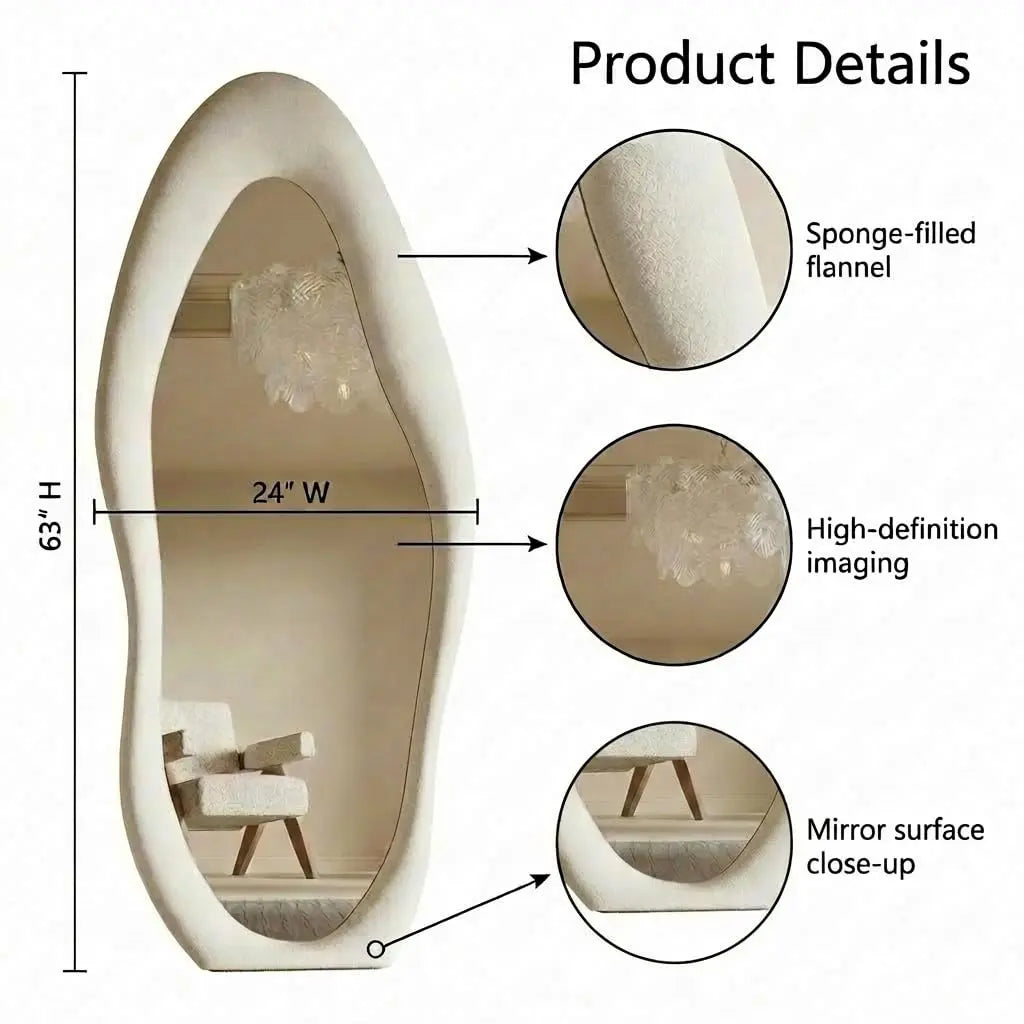 Honyee Full Length Mirror, 63" x 24" Wall Mirror, Irregular Wavy Full Body Mirror with Flannel Wrapped Wooden Frame, Hanging or Leaning Against Wall for Cloakroom, Bedroom, Living Room, Cream White