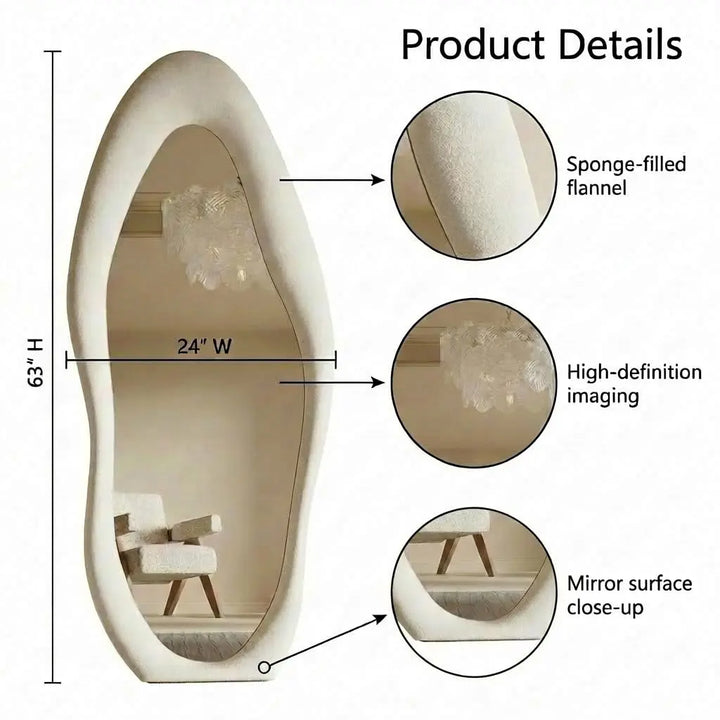 Honyee Full Length Mirror, 63" x 24" Wall Mirror, Irregular Wavy Full Body Mirror with Flannel Wrapped Wooden Frame, Hanging or Leaning Against Wall for Cloakroom, Bedroom, Living Room, Cream White