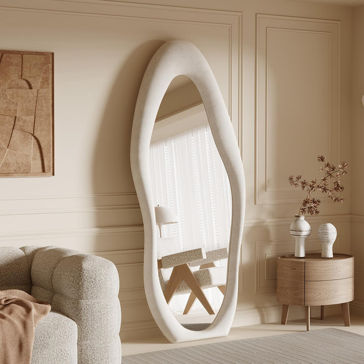 Honyee Full Length Mirror, 63"x24" Irregular Wavy, Cream White 
