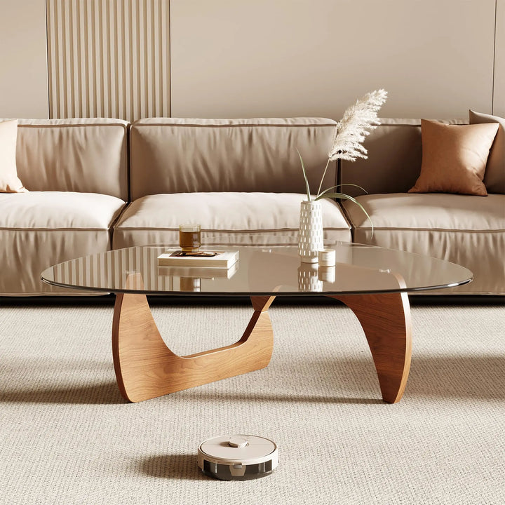 Honyee Morden Coffee Table, 42.5" x 28.5" x 16.1" Triangle Tempered Glass Top for Living Room, Color: Natural Wood 