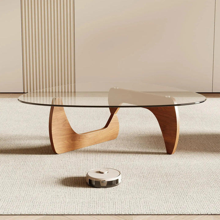Honyee Morden Coffee Table, 42.5" x 28.5" x 16.1" Triangle Tempered Glass Top for Living Room, Color: Natural Wood 
