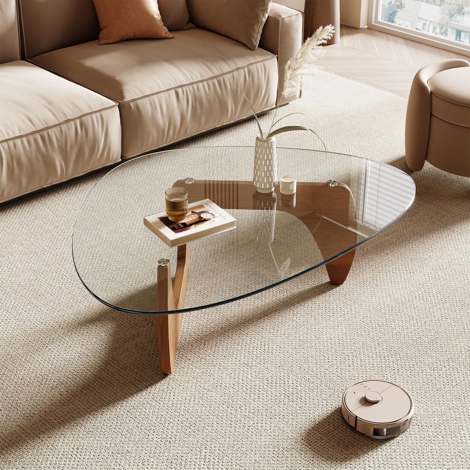 Honyee Morden Coffee Table, 42.5" x 28.5" x 16.1" Triangle Tempered Glass Top for Living Room, Color: Natural Wood 