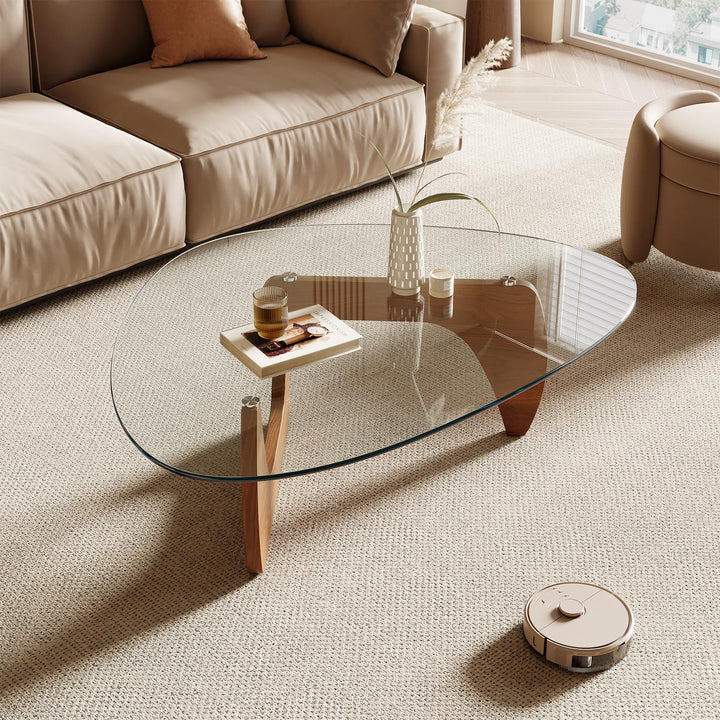 Honyee Morden Coffee Table, 42.5" x 28.5" x 16.1" Triangle Tempered Glass Top for Living Room, Color: Natural Wood 