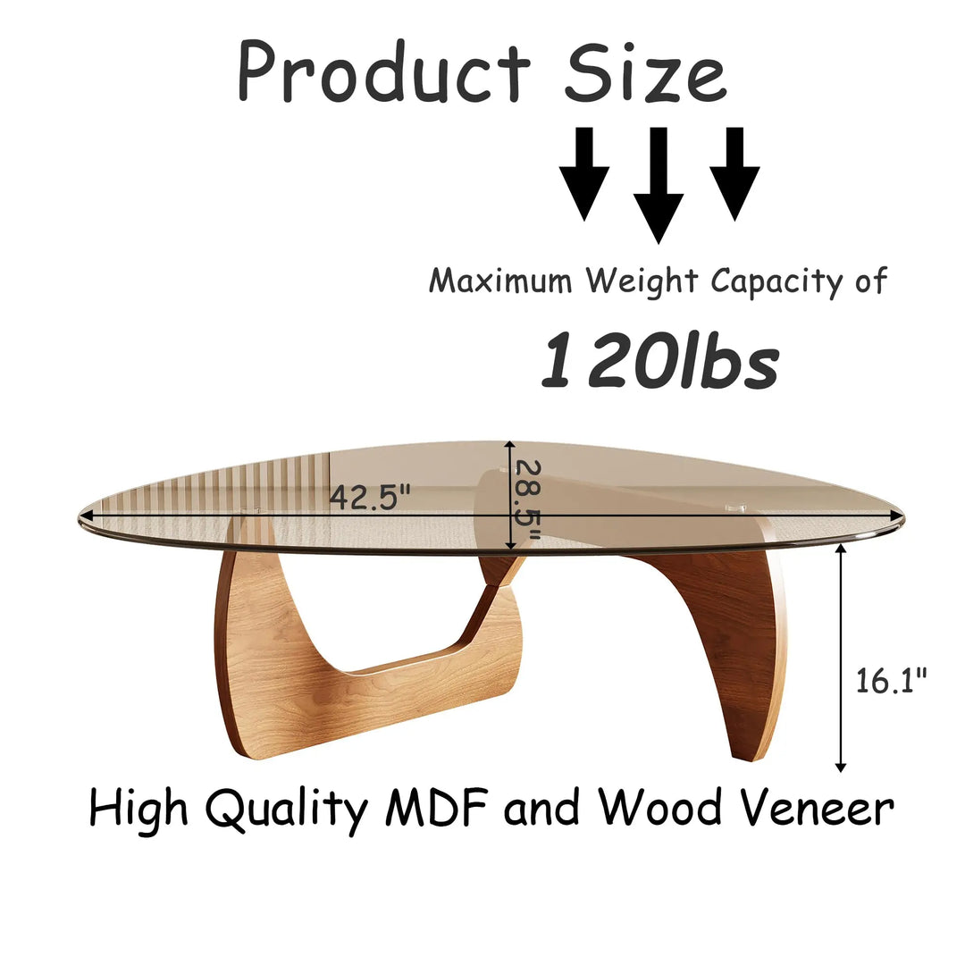 Honyee Morden Coffee Table, 42.5" x 28.5" x 16.1" Triangle Tempered Glass Top for Living Room, Color: Natural Wood