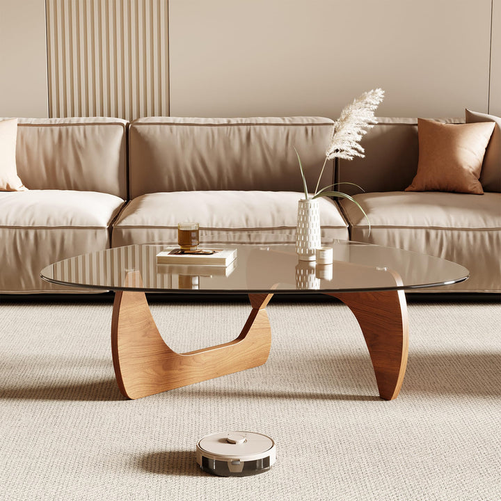 Honyee Morden Coffee Table, 42.5" x 28.5" x 16.1" Triangle Tempered Glass Top for Living Room, Color: Natural Wood 