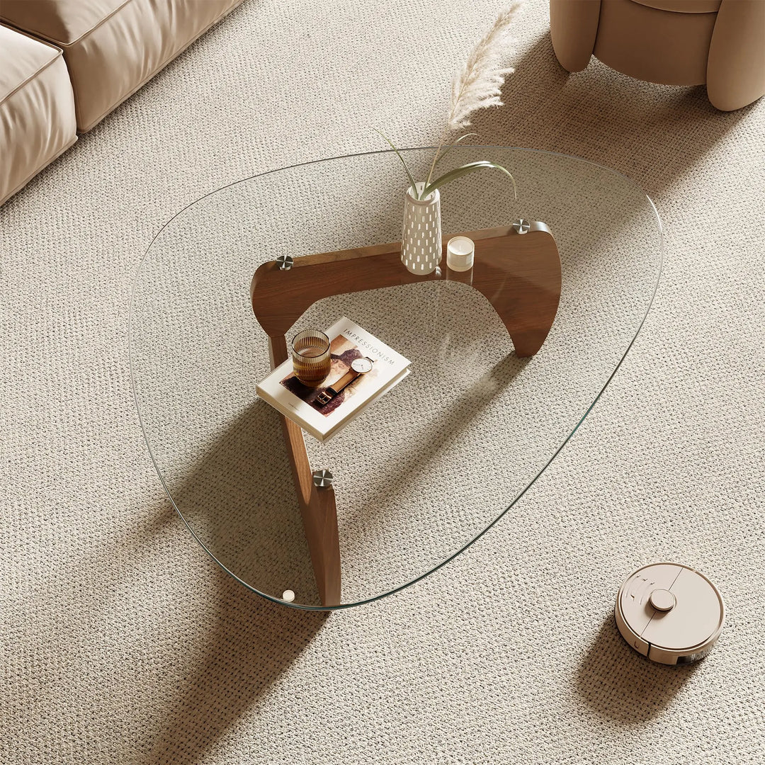 Honyee Morden Coffee Table, 42.5" x 28.5" x 16.1" Triangle Tempered Glass Top for Living Room, Color: Natural Wood