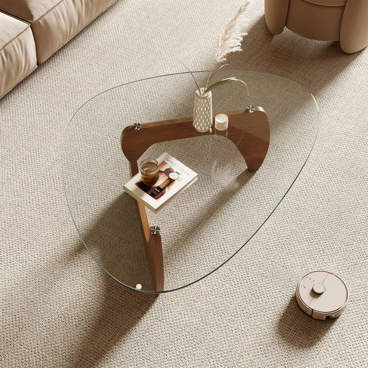 Honyee Morden Coffee Table, 42.5" x 28.5" x 16.1" Triangle Tempered Glass Top for Living Room, Color: Natural Wood