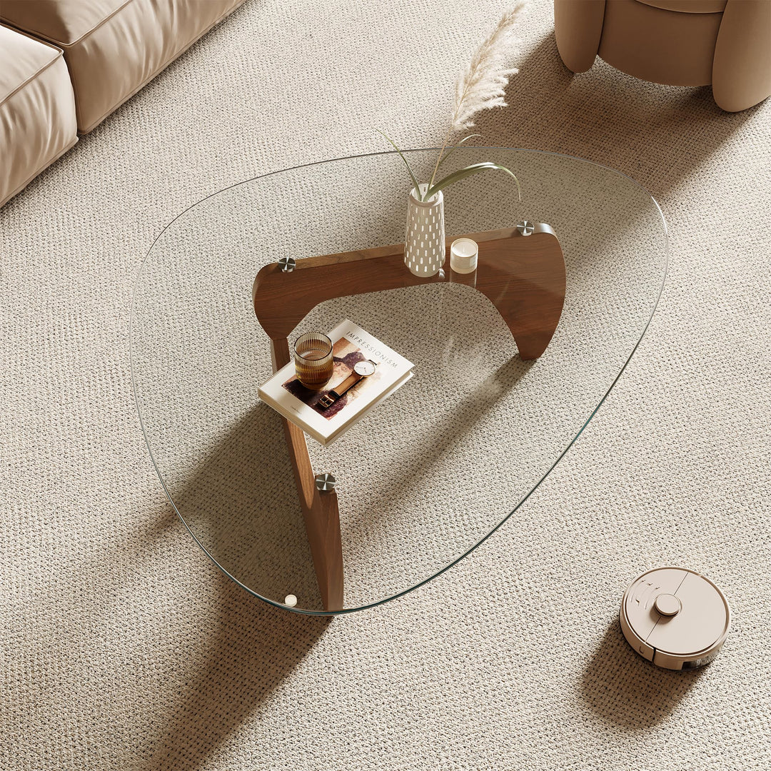Honyee Morden Coffee Table, 42.5" x 28.5" x 16.1" Triangle Tempered Glass Top for Living Room, Color: Natural Wood 