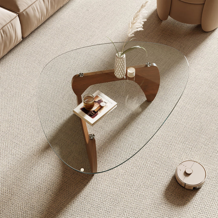 Honyee Morden Coffee Table, 42.5" x 28.5" x 16.1" Triangle Tempered Glass Top for Living Room, Color: Natural Wood 