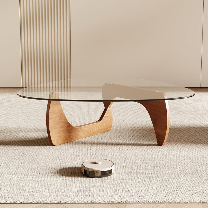 Honyee Morden Coffee Table, 42.5" x 28.5" x 16.1" Triangle Tempered Glass Top for Living Room, Color: Natural Wood 