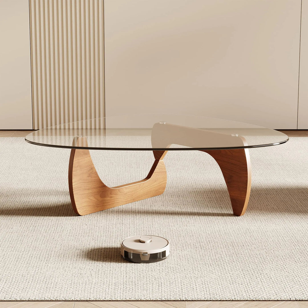 Honyee Morden Coffee Table, 42.5" x 28.5" x 16.1" Triangle Tempered Glass Top for Living Room, Color: Natural Wood