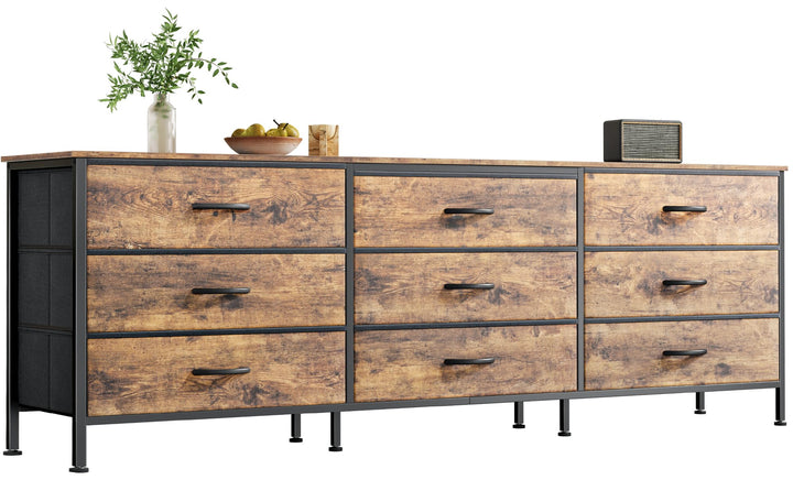Huuger 63 Inch Dresser for Bedroom, Dresser for Closet with 9 Fabric Drawers, Large TV Stand for 55, 65, 70 Inch TV, Entertainment Center with Storage, Wide Long Chest of Drawers, Rustic Brown 