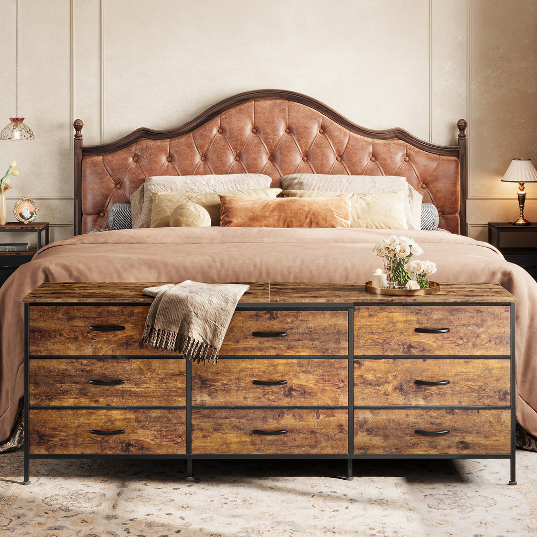 Huuger 63 Inch Dresser for Bedroom, Dresser for Closet with 9 Fabric Drawers, Large TV Stand for 55, 65, 70 Inch TV, Entertainment Center with Storage, Wide Long Chest of Drawers, Rustic Brown 