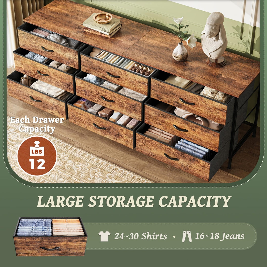 Huuger 63 Inch Dresser for Bedroom, Dresser for Closet with 9 Fabric Drawers, Large TV Stand for 55, 65, 70 Inch TV, Entertainment Center with Storage, Wide Long Chest of Drawers, Rustic Brown 