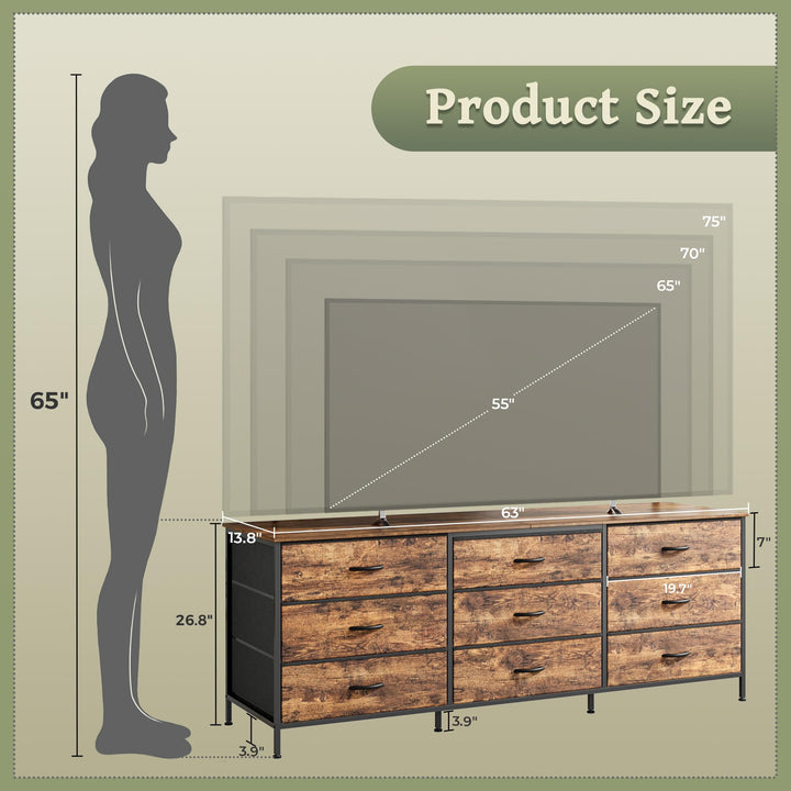 Huuger 63 Inch Dresser for Bedroom, Dresser for Closet with 9 Fabric Drawers, Large TV Stand for 55, 65, 70 Inch TV, Entertainment Center with Storage, Wide Long Chest of Drawers, Rustic Brown 