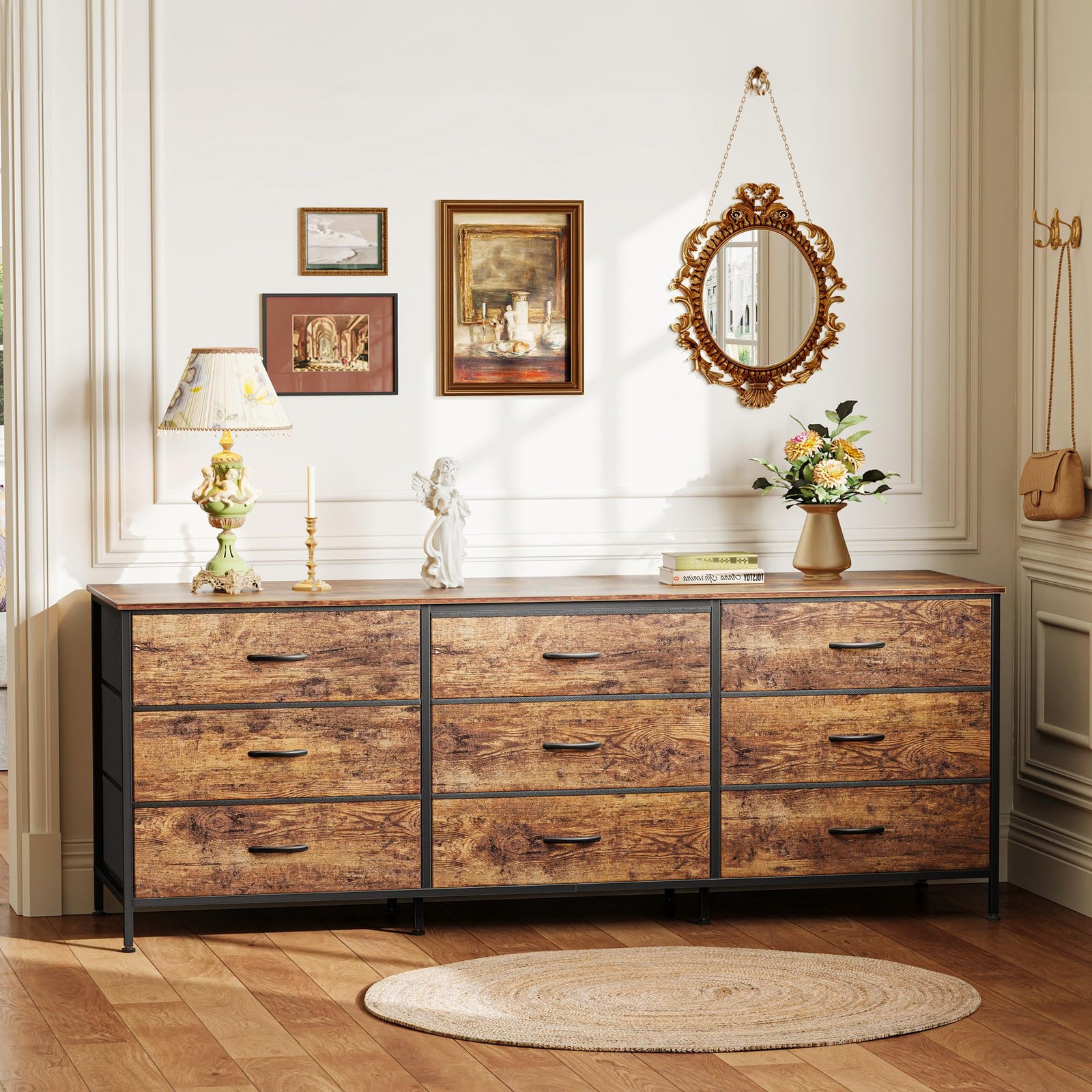 Huuger 63 Inch Dresser for Bedroom, Dresser for Closet with 9 Fabric Drawers, Large TV Stand for 55, 65, 70 Inch TV, Entertainment Center with Storage, Wide Long Chest of Drawers, Rustic Brown 