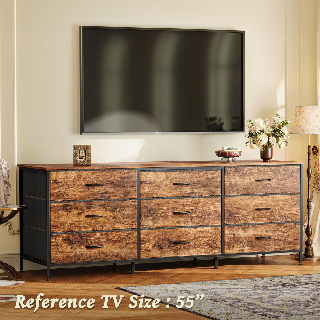 Huuger 63 Inch Dresser for Bedroom, Dresser for Closet with 9 Fabric Drawers, Large TV Stand for 55, 65, 70 Inch TV, Entertainment Center with Storage, Wide Long Chest of Drawers, Rustic Brown 