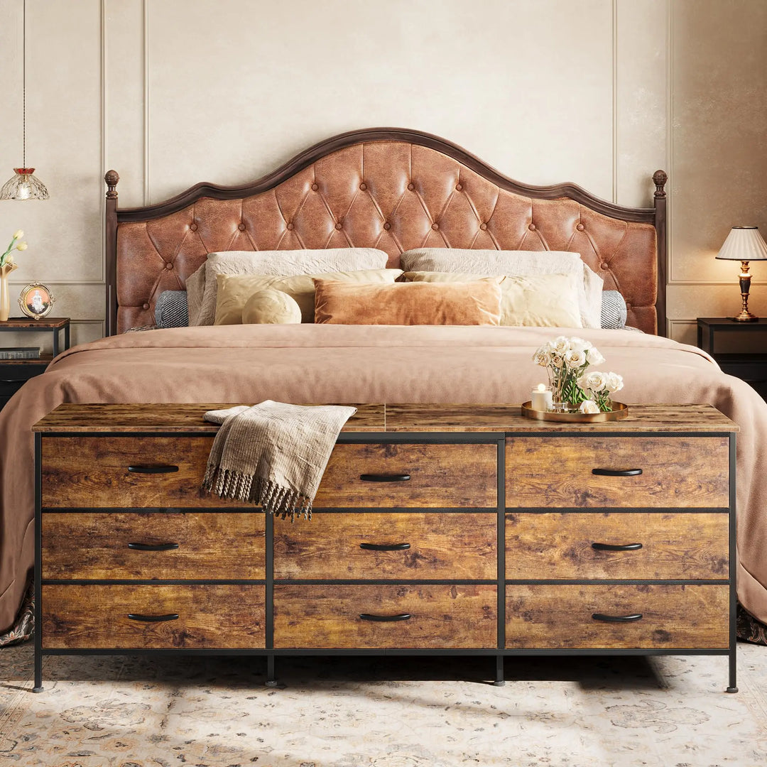 Huuger 63 Inch Dresser for Bedroom, Dresser for Closet with 9 Fabric Drawers, Large TV Stand for 55, 65, 70 Inch TV, Entertainment Center with Storage, Wide Long Chest of Drawers, Rustic Brown 