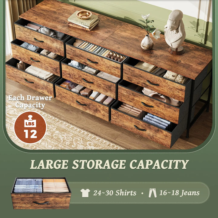 Huuger 63 Inch Dresser for Bedroom, Dresser for Closet with 9 Fabric Drawers, Large TV Stand for 55, 65, 70 Inch TV, Entertainment Center with Storage, Wide Long Chest of Drawers, Rustic Brown 