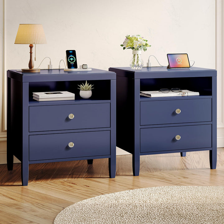 Huuger Blue Nightstand Set of 2, Night Stand with Charger Station 