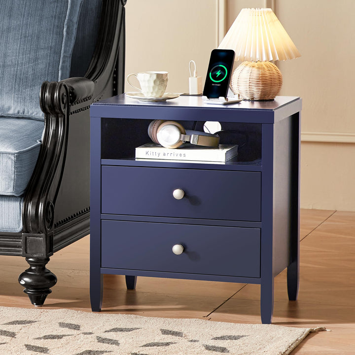 Huuger Blue Nightstand Set of 2, Night Stand with Charger Station 