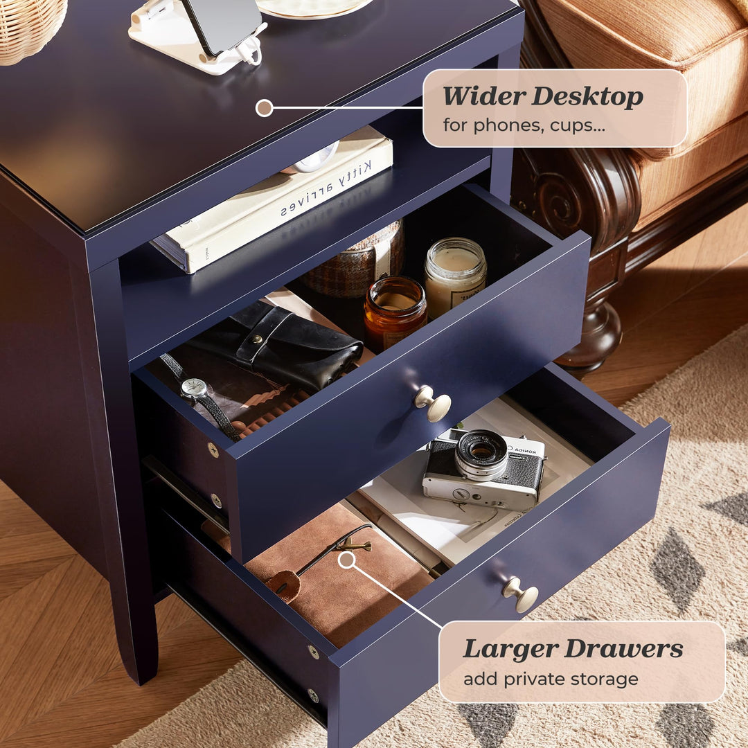Huuger Blue Nightstand Set of 2, Night Stand with Charger Station 