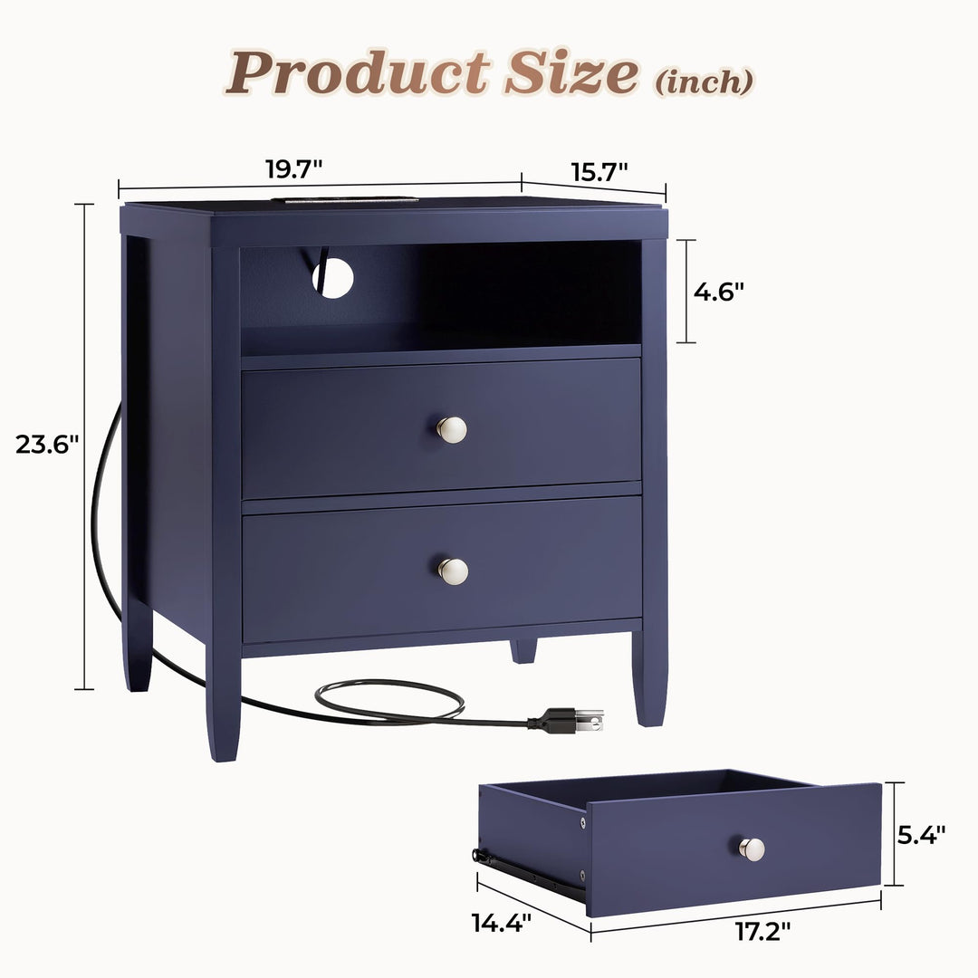 Huuger Blue Nightstand Set of 2, Night Stand with Charger Station 