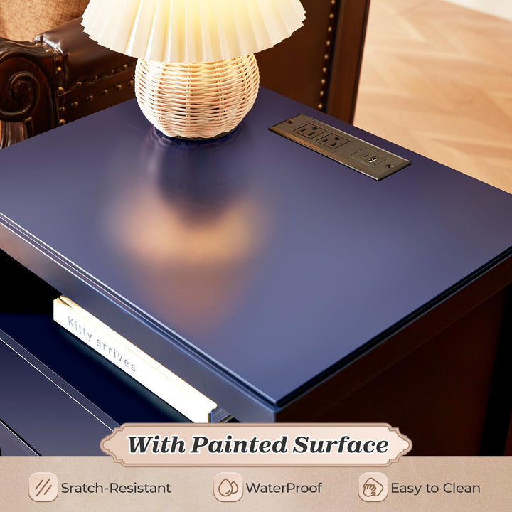 Huuger Blue Nightstand Set of 2, Night Stand with Charger Station 