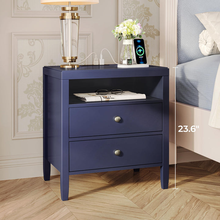 Huuger Blue Nightstand Set of 2, Night Stand with Charger Station 