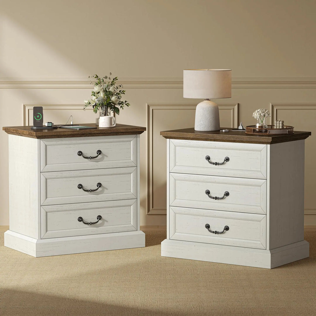 Huuger Nightstand with Charging Station, 3 Drawer Night Stand Set of 2 