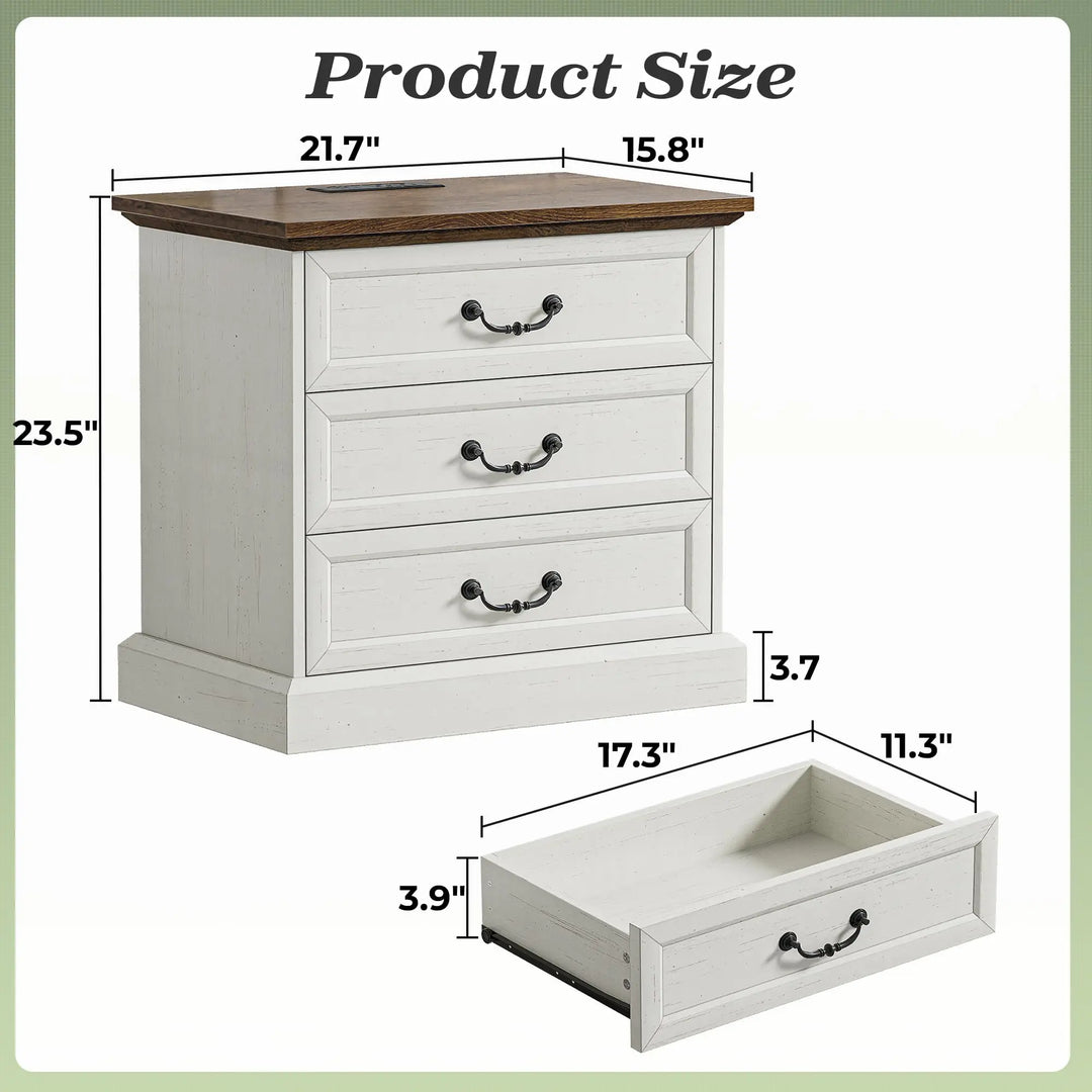 Huuger Nightstand with Charging Station, 3 Drawer Night Stand Set of 2 