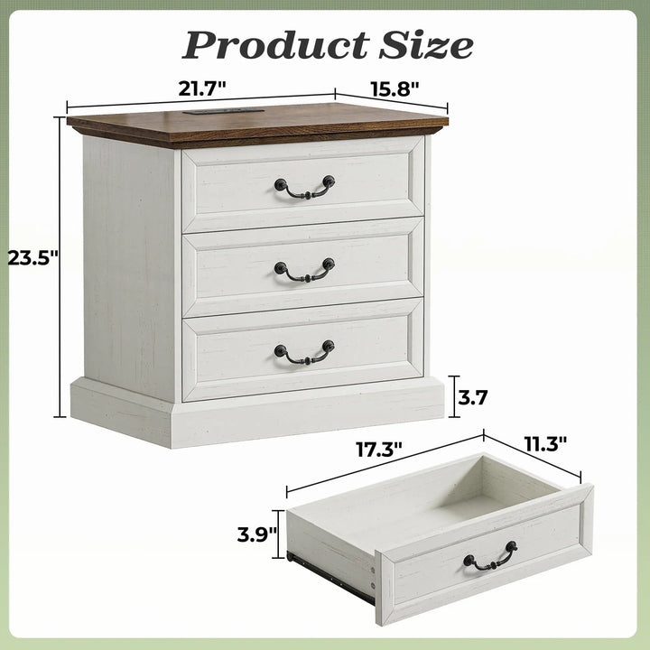 Huuger Nightstand with Charging Station, 3 Drawer Night Stand Set of 2 