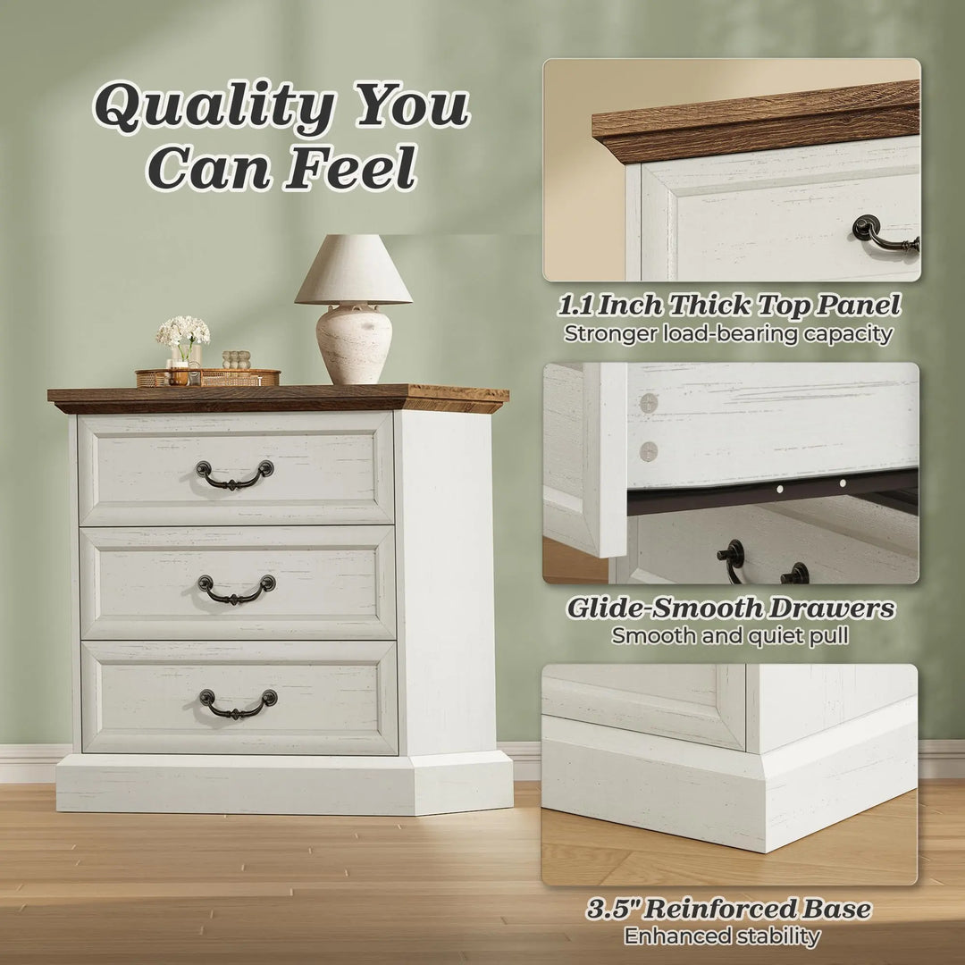 Huuger Nightstand with Charging Station, 3 Drawer Night Stand Set of 2 