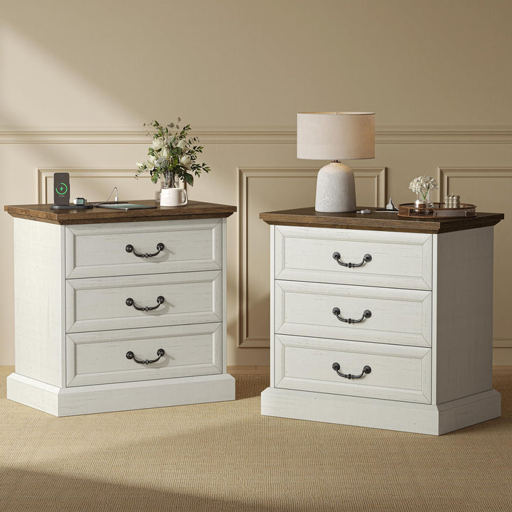 Huuger Nightstand with Charging Station, 3 Drawer Night Stand Set of 2 