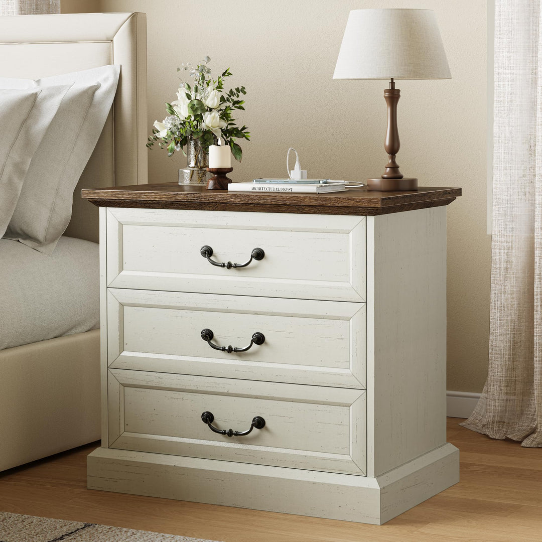 Huuger Nightstand with Charging Station, 3 Drawer Night Stand Set of 2 