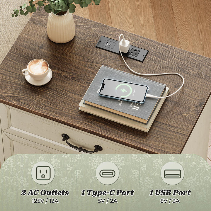 Huuger Nightstand with Charging Station, 3 Drawer Night Stand Set of 2 
