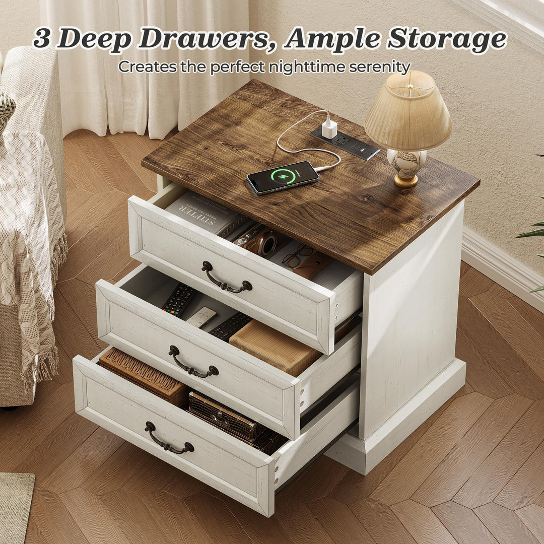 Huuger Nightstand with Charging Station, 3 Drawer Night Stand Set of 2 