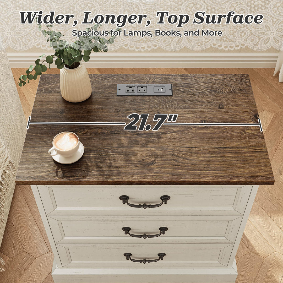 Huuger Nightstand with Charging Station, 3 Drawer Night Stand Set of 2 