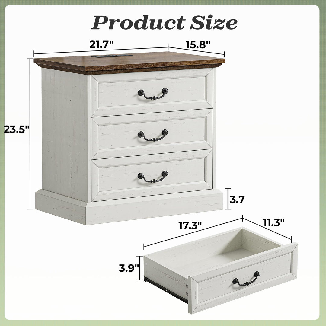 Huuger Nightstand with Charging Station, 3 Drawer Night Stand Set of 2 