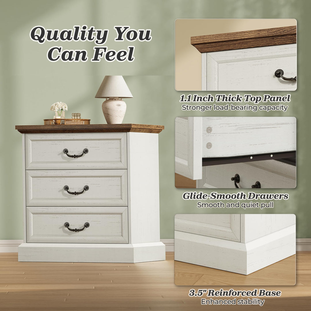 Huuger Nightstand with Charging Station, 3 Drawer Night Stand Set of 2 