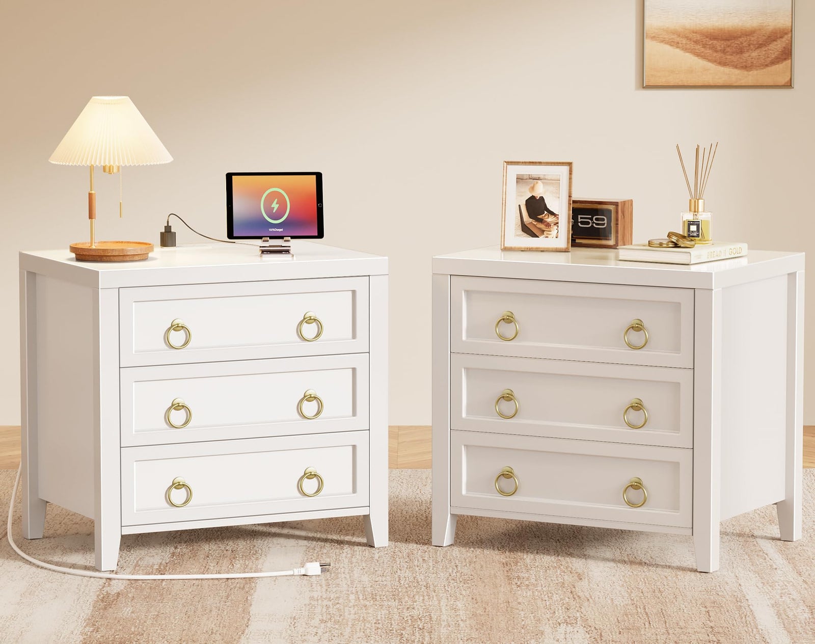 Huuger Paint Night Stand with Charger Station, 3 Drawer Nightstand Set of 2 