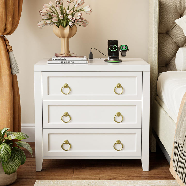 Huuger Paint Night Stand with Charger Station, 3 Drawer Nightstand Set of 2 