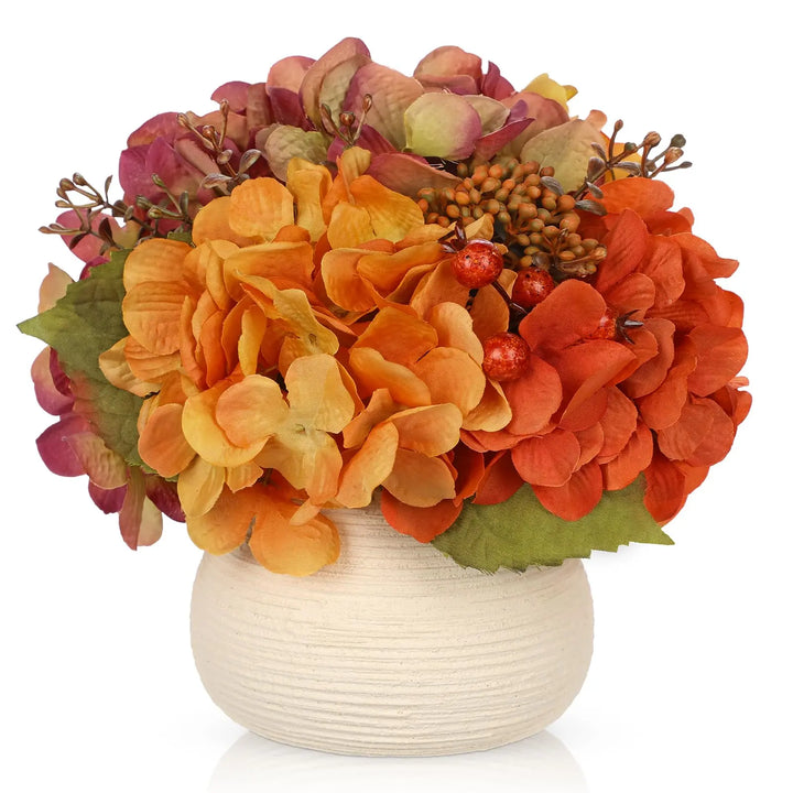 Hydrangea Artificial Flowers in Vase, Small Fall Floral Arrangement, Orange