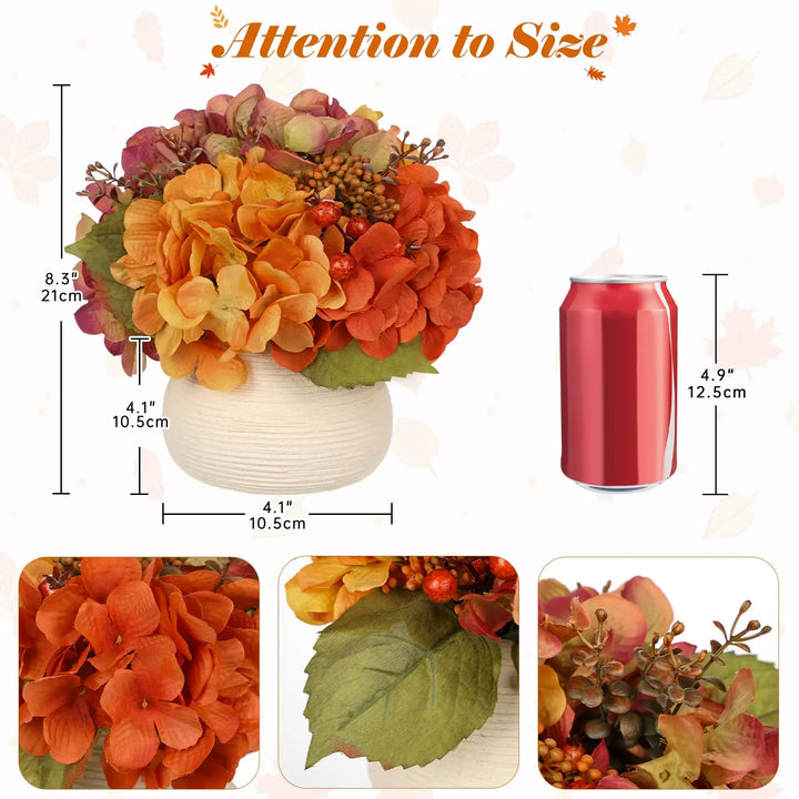 Hydrangea Artificial Flowers in Vase, Small Fall Floral Arrangement, Orange