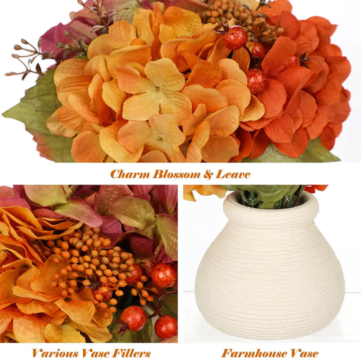 Hydrangea Artificial Flowers in Vase, Small Fall Floral Arrangement, Orange