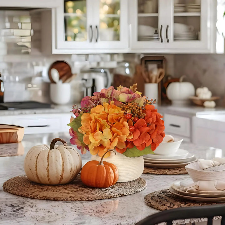 Hydrangea Artificial Flowers in Vase, Small Fall Floral Arrangement, Orange